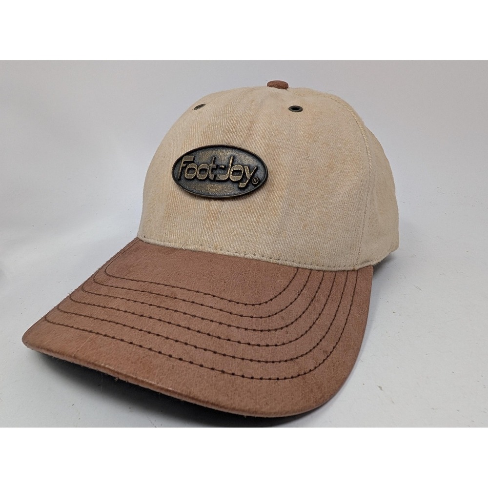 Vintage FootJoy Hat Cap Strap Back Mens One Size Beige Brown Leather Golf Logo